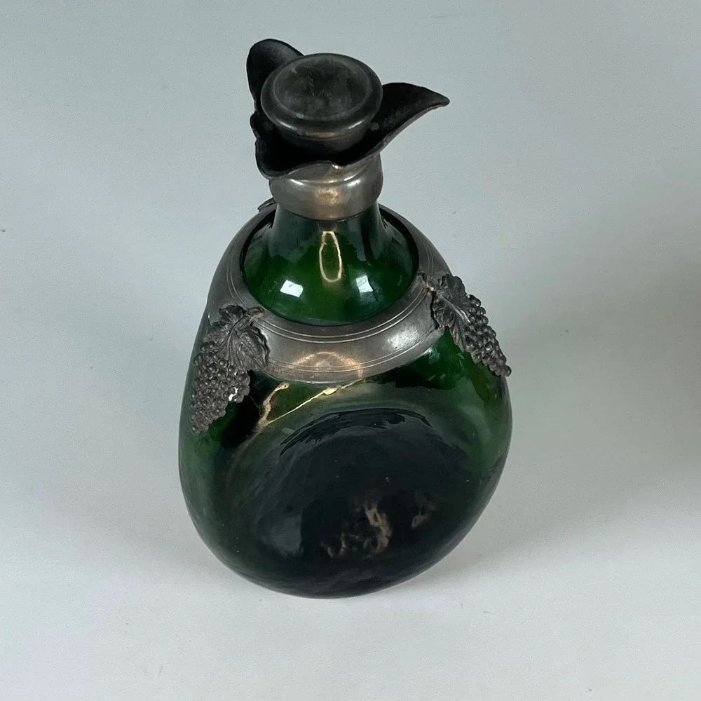 Vintage Decanter Set Green Amber Glass Italy OS Good Pewter Grape Overlay